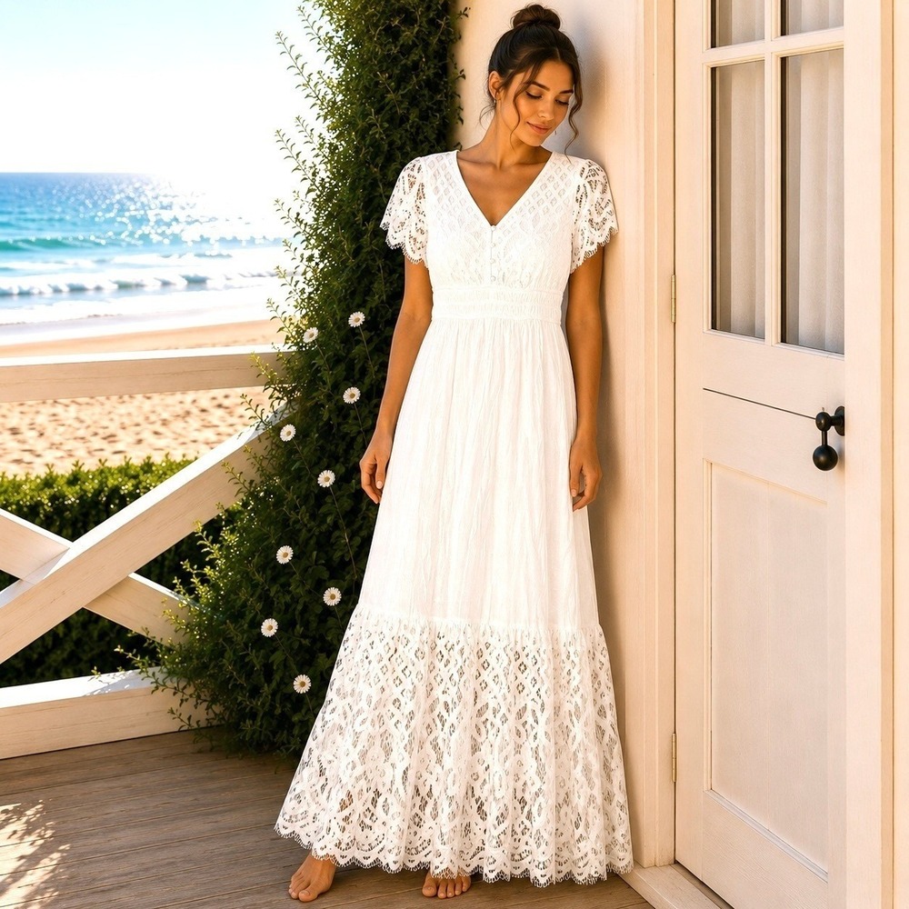 Anthropologie Ivory Lace Flutter-Sleeve Maxi Dress